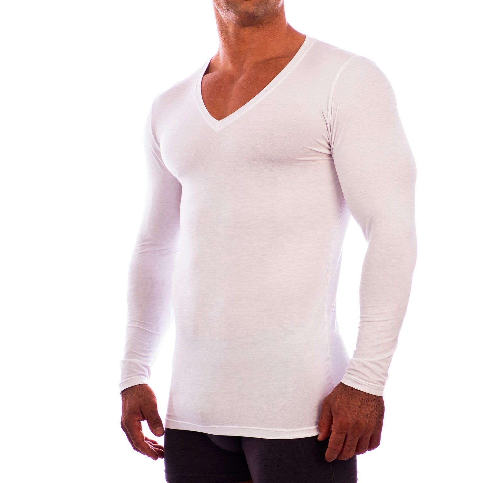 Deep V Neck Long Sleeve Undershirt Obviously Apparel White Small 